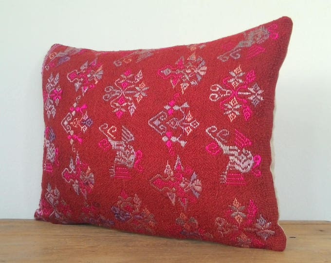 12"x 16" Bohemian Chic Vintage Chinese Maonan Wedding Blanket Pillow Cover / Brick Red Color Ethnic Dowry Textile / Handwoven Silk Cushion