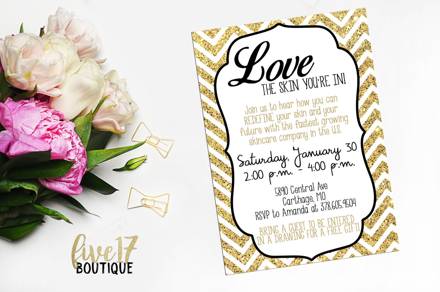 Rodan and Fields Invitation Gold White Black Chevron