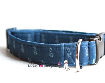 PINEAPPLE: Designer Pineapples print Dog Collar jeans Urban Rose Dog Boutique #Dogcollar #Pets #Urbanrose #Designer #Pineapple