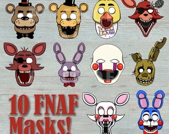 Five Night's At Freddy's 10 Masks Prop Set & 4 BONUS Props / Photo Booth Printable - Photo Booth, Costume or Party Favor