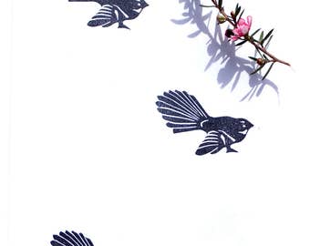 Hand carved rubber stamp NZ fantail piwakawaka