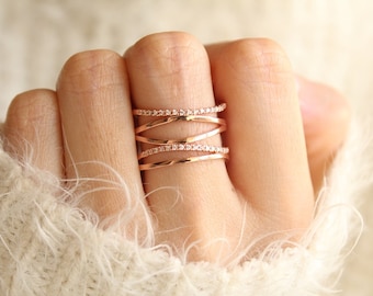 Stacked Crystal Rose Gold Ring, Dainty, Delicate, Free Size Ring, Adjustable rings for women, For Her, Gift for Girlfriend Wife Women