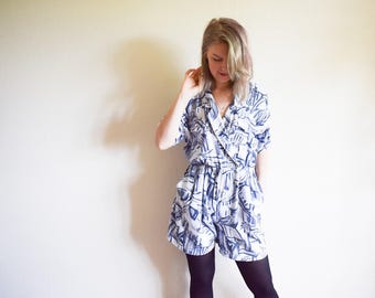 Vintage 80s Jumpsuit, White Playsuit With Abstract Print, Boho Romper Jumpsuit Medium Beachwear