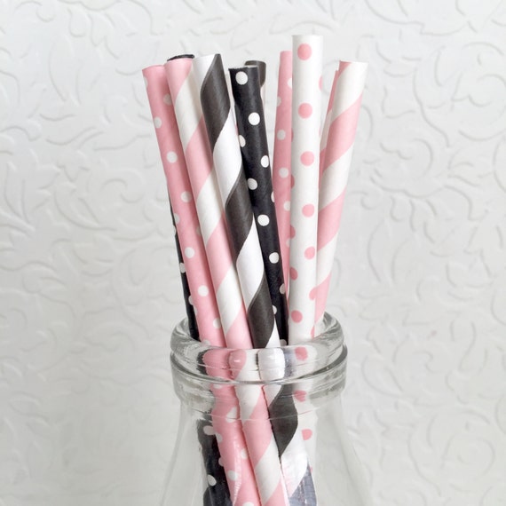 Paper Straws Pink and Black. Minnie Mouse. Birthday. Bacherlorette Party. Baby Shower. Polka Dots. Stripes Il_570xn