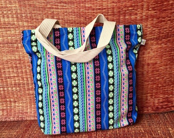 Beach Tote Bag Boho Canvas Hobo Tribal fashion Monogram Handbag Travel market bag School Overnight Shopping Bag Festival gift for her Blue