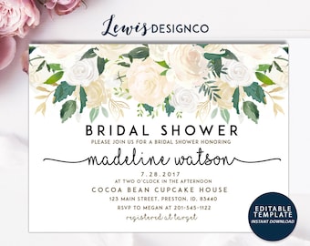 Bridal Shower Invitation | Watercolor Floral Wedding Card | White Winter Shower | Editable Template Printable Card | Instant Download DIY