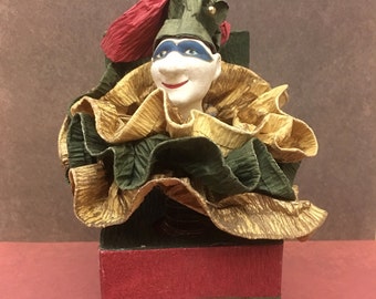 Unique Vintage Jack-in-the-Box Masked JesterClown Joker Cardboard Box Ceramic Head - Handmade