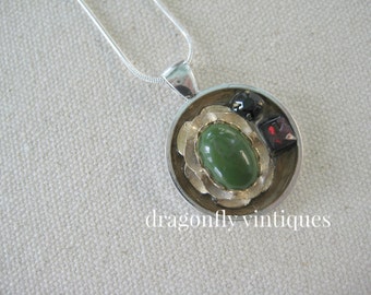 repurposed vintage collage pendant repurposed jewelry pieces vintage green ruby red artisan upcycled recycled reclaimed ooak/N132