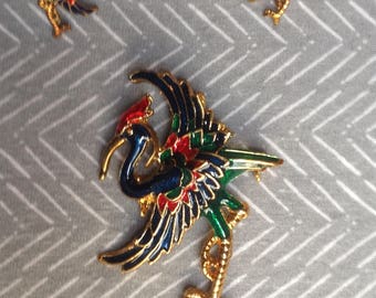 Vintage Crane Enameled Brooch and Earrings