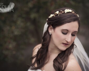 Bridal Gold Head Wreath - Gold Flower Crown - Gold Wedding Headpiece - Floral Hair Circlet - Boho Bridal Headdress - Ivory Floral Crown