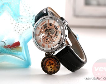 Steampunk Watch Mens Mechanical Roman Wristwatches Hollow Dial Cool Leather Wrist Watch Retro Cool Watch Wedding Groomsman Christmas Gifts