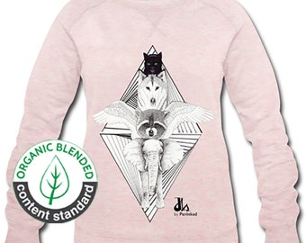 Women's Organic Sweatshirts, Organic Cotton. Handmade Clothing. Handmade Item. Sweater with handmade print. Elephant, Wings, Triangles Print