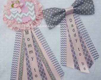 Pink and Gray Elephant Baby Shower Corsages/Pink and Gray Mommy to be Pin/Elephant Baby Shower Corsage/Elephant Baby Shower Pin/Mommy to be