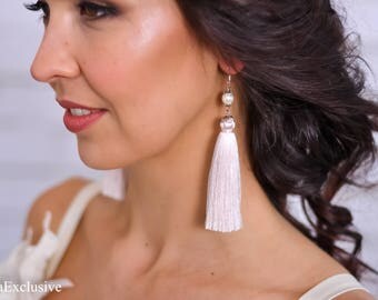 Best friend birthday gift ideas Silk tassel earrings Wedding ivory earrings Mom Gift for her Gift|for|wife Womens gift Bridal earrings