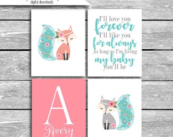 Custom Name Nursery Art - Adorable Fox Set Of FOUR 5x7 or 8x10s I'll Love You Forever I'll Like You For Always Digital Files Or Printed