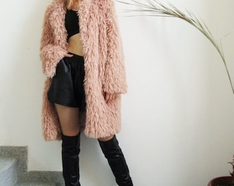 NEW Blush Coat / Dusky Pink Fuzzy Coat / Long Sleeve Fur Coat by FabraModaStudio