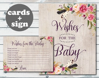 Boho Baby Well Wishes Cards, Boho Wishes For The Baby Printable, Floral Well Wishes for Baby Cards and Sign, Bohemian Feathers Floral Theme