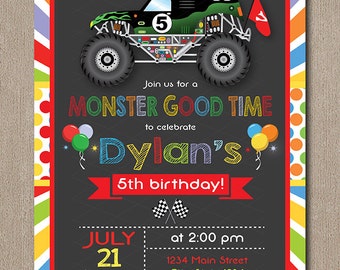 Monster Truck Invitation, Monster truck Invite, printable, chalkboard, printable