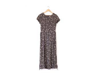 Vintage floral maxi dress / 90s navy and beige long dress / Petite tie back dress / Pretty patterned maxi dress / Short sleeve long dress