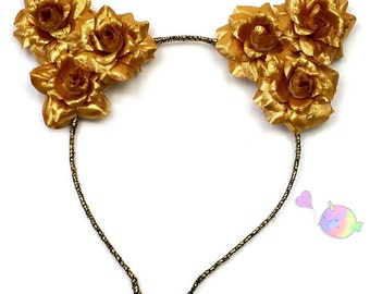 Gold flower cat ear headband, flower kitty headband, flower cat ears, cat ear headband, cat ears headband, flower crown, gold cat ears