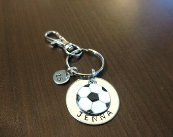 Personalized soccer keychain, soccer gift, team gift, girl's boy's soccer ball, hand stamped, name key chain, custom stamped, personalized