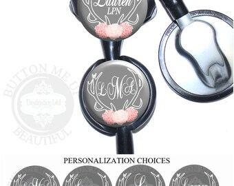 Stethoscope ID Tag - Gray and White Deer Antlers and Pink Flowers Littmann Nurse Identification with Name, Monogram, Occupation (A222)