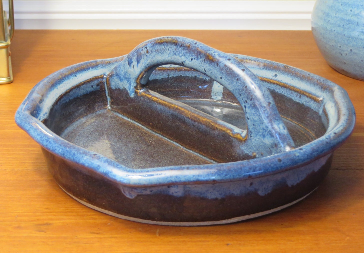 Stoneware Pottery Double Condiment Bowl Serving Dish