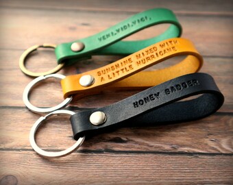 Custom Initial leather key fob, personalized hand stamped keyring keychain, leather personalized gifts for him and her, Gifts under 10
