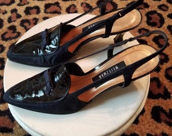 Clean, Vintage, 1990's, Stuart Weitzman, Navy, Patent Leather, Grosgrain, Slingback, Pumps, Shoes, Heels, 8B