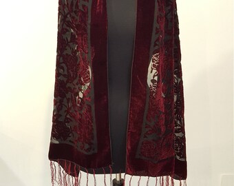 Gorgeous Vintage Black and Burgundy Burnout Velvet Gypsy Fringe Oblong Stole
