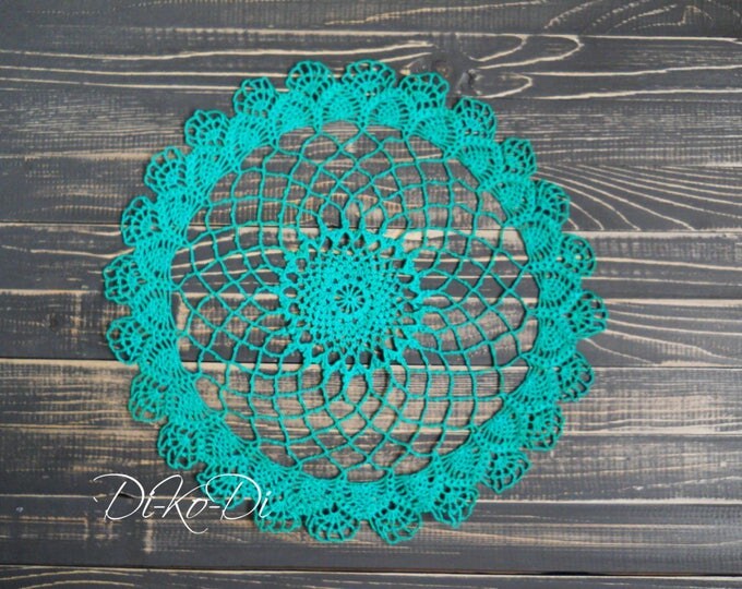 Turquoise doily, crochet ornaments, crochet lace doily, crocheted decoration, crochet table decor, decorative crochet, white cotton doily