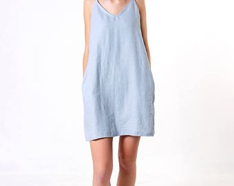 Linen Tank Dress, Bluish Grey Linen Dress, Loose Linen Dress, Linen Dresses for woman, Linen Tunic Dress, Spaghetti Strap Linen Dress
