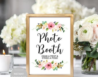 Photo Booth Sign, Photo Booth Wedding Sign, Photo Booth Grab a Prop and Strike a Pose Sign, Photo Booth Instant Download Sign, PDF Template
