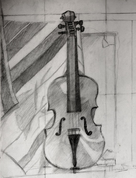Violin Still life Pencil Sketch Study Original Drawing on