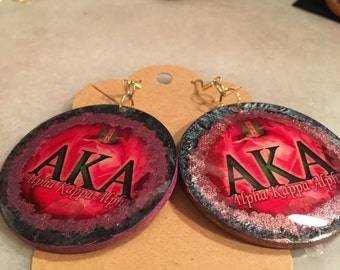AKA sorority earring, wooden weightless, resin coated, 2 inch round, dangle earrings, pink and green, rose theme,Afrocentric theme,elegantly