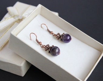 Round purple amethyst earrings Dangle amethyst earrings Copper amethyst earrings Amethyst stone earrings Amethyst jewelry Healing earrings