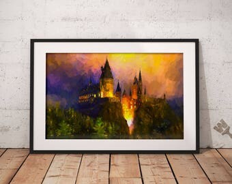 Hogwarts Castle at Night Print, Harry Potter Painting,
