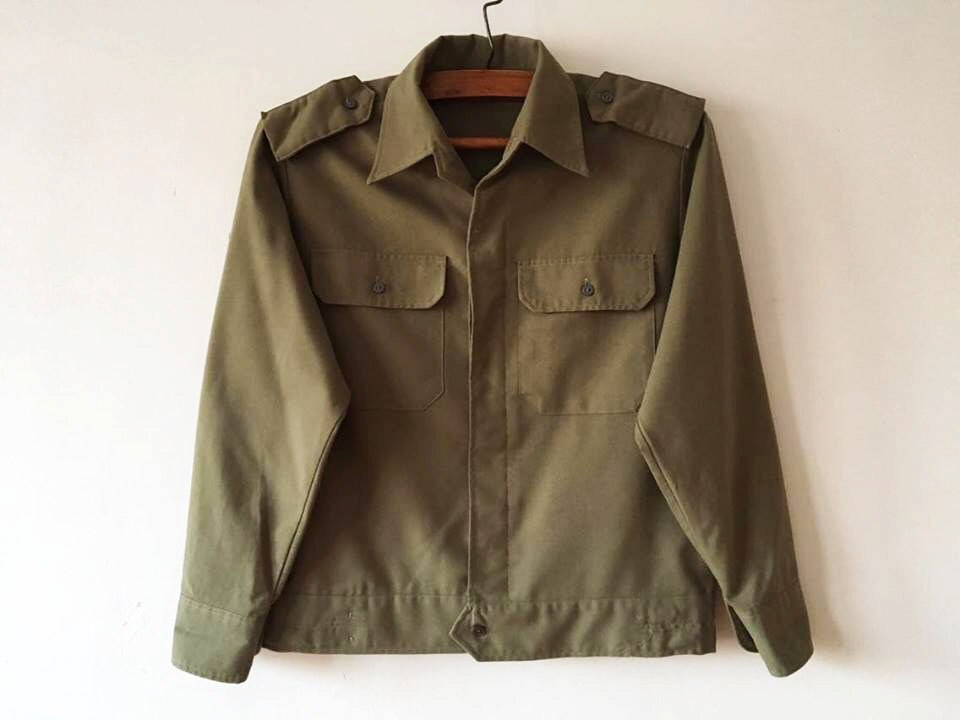 Vintage Khaki Green Uniform Shirt Mens Workwear Cropped Shirt