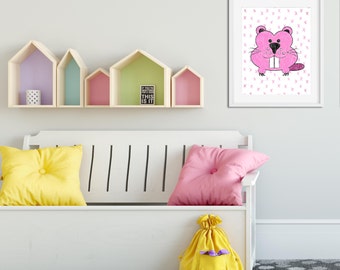 Little Beaver print, Beaver Nursery, Pink Nursery Beaver, Pink Animal print, Pink printable art, Baby girl nursery, Nursery printable