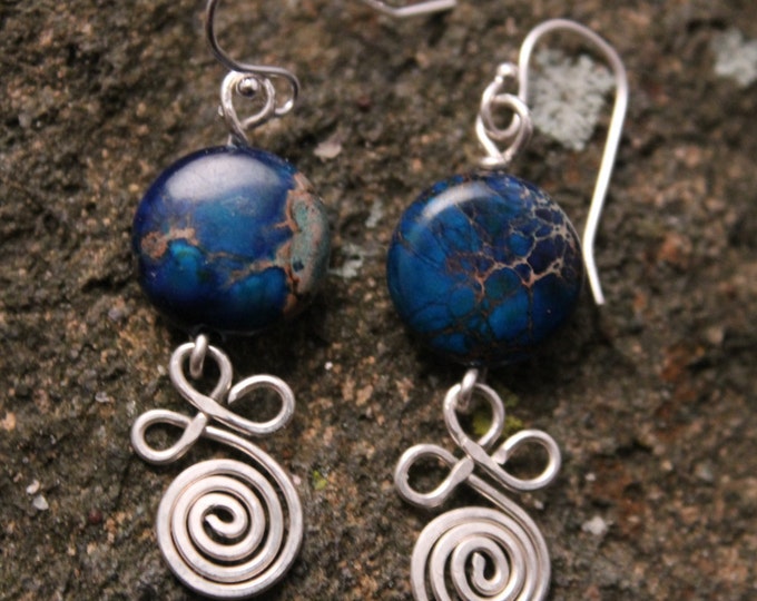 Blue Earrings, Sea Jasper Coin Bead with Sterling Silver Clover Leaf Spiral Earrings, BoHo, Hippie, Art Nouveau Swirl Earrings