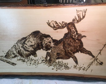 GRIZZLY/MOOSE Wood burning art - Pyrography - woodburning - wildlife - bear