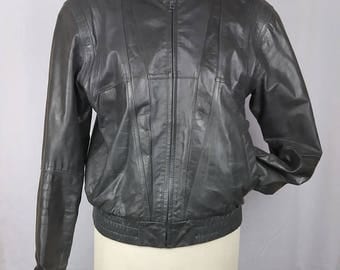 Vintage 90s Wilsons Biker Jacket, Grey Leather, Mandarin Collar, 40