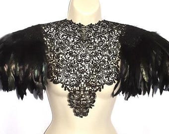 Black feather epaulettes. Steampunk black lace collar with feather shoulder pads. Burning Man. 'Body Tattoo'