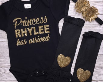 Newborn Baby Girl | Take Home Outfit | Princess Has Arrived | Ruffle Leg Warmer | Baby Girl Clothing | Baby Shower Gift | Gold and Black