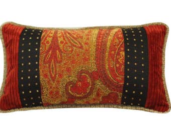 Red Paisley Lumbar Pillow, Red Black Oblong Pillow, Patterned Small Pillow, Black and Red Decorative Pillow, Red Patterned Patchwork Pillow