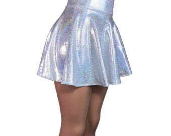 Holographic Silver High Waisted Skater Skirt - Clubwear, Rave Wear, Mini Circle Skirt