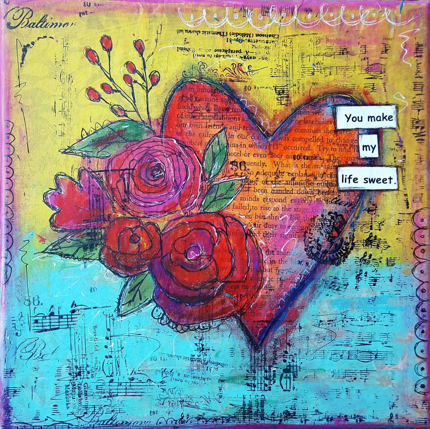 Mixed Media collage Heart Artvalentine gift for