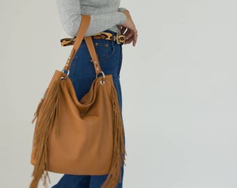 Brown Fringed handbag, Brown Hobo bag, Brown leather bag, everyday brown purse, large leather purse, large shoulder bag, brown purse fringes