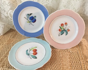 Vintage 7 Inch Porcelain Plates Displaying Various Fruits - Set of 3