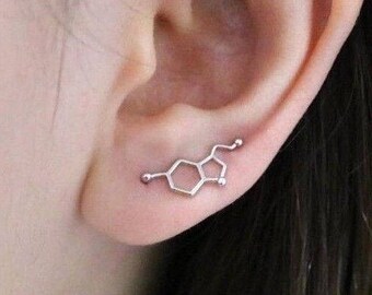 Serotonin Ear Climber Earrings Silver Or Gold Ear Crawlers Science Molecule Pin Lobe Girls Chemical Compound